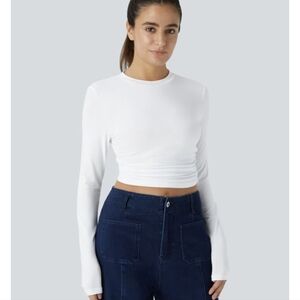 HALARA Round Neck Cropped White Long Sleeve Ruched Crop Top Nwt L White